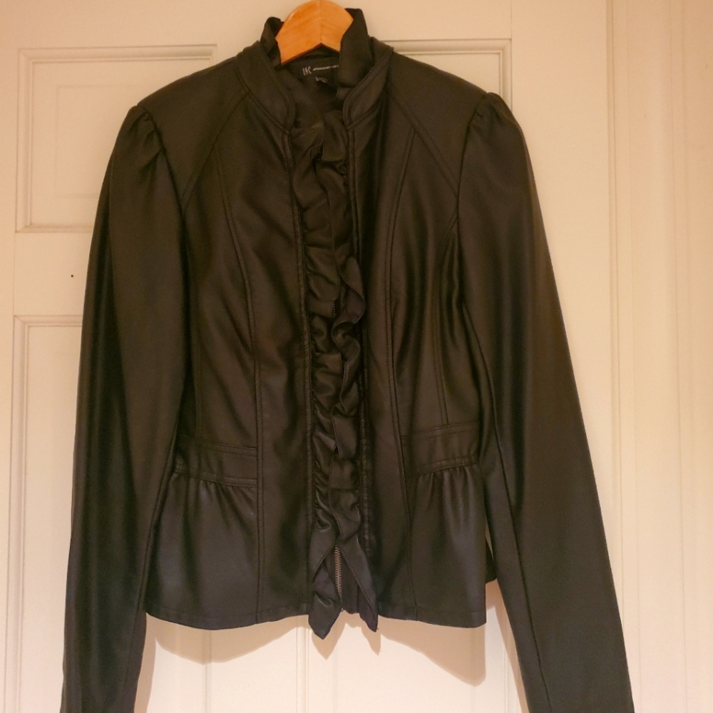 INC black leather jacket with ruffled